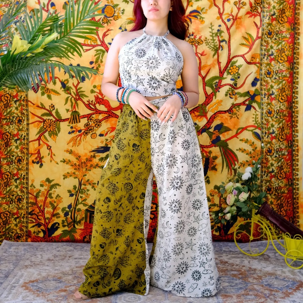 Mushroom Print Whimsy Boho Hippie Split Pant